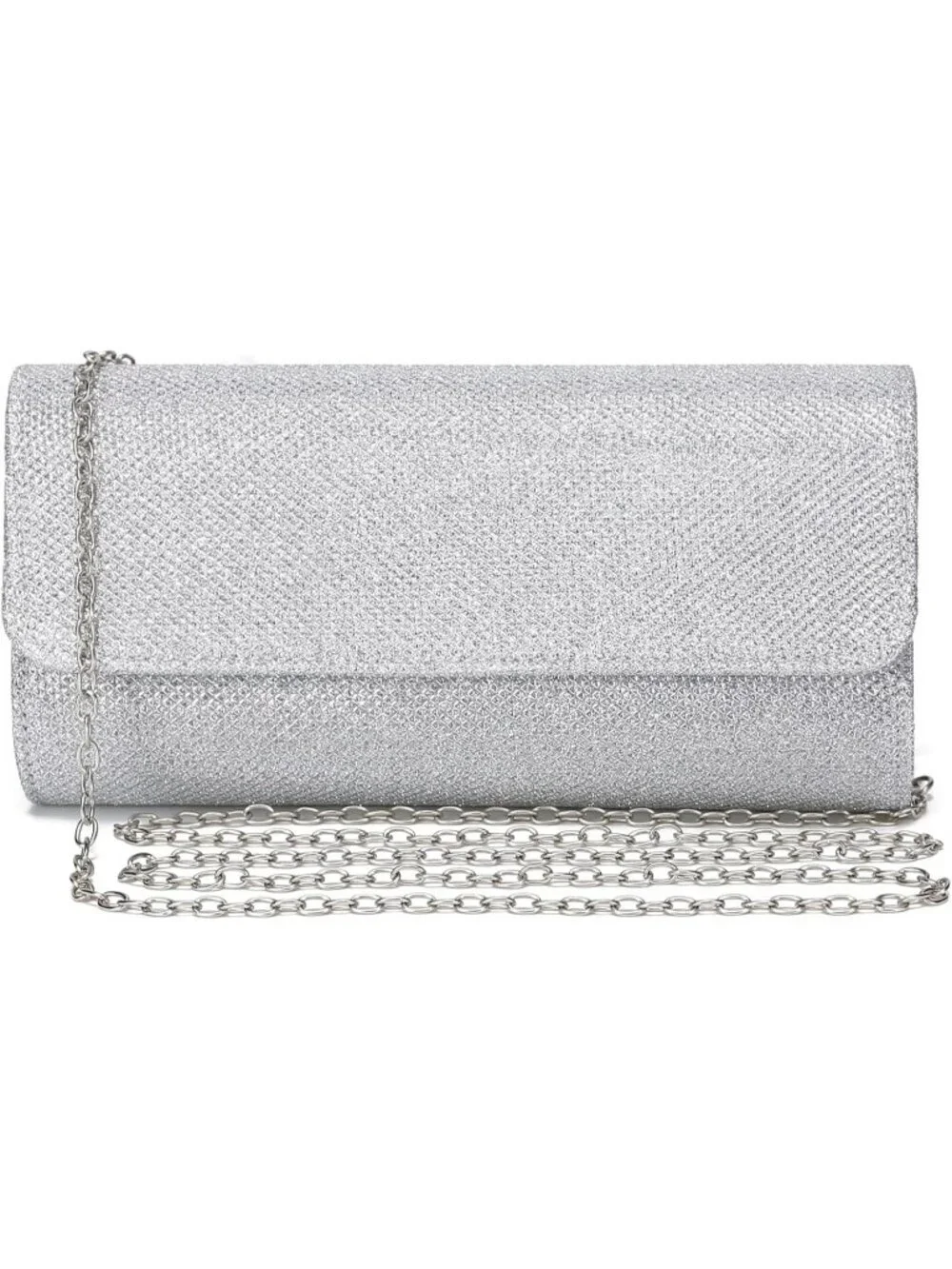 Women's Silver Glitter Clutch Purse Evening Bag With Chain For Wedding Handbag